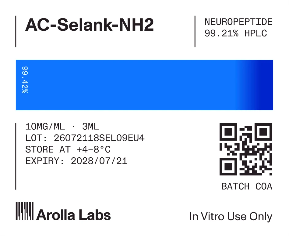 AC-Selank-NH2 pen label: neuropeptide, 99.21% HPLC purity, lot number and a QR code for the batch certificate
