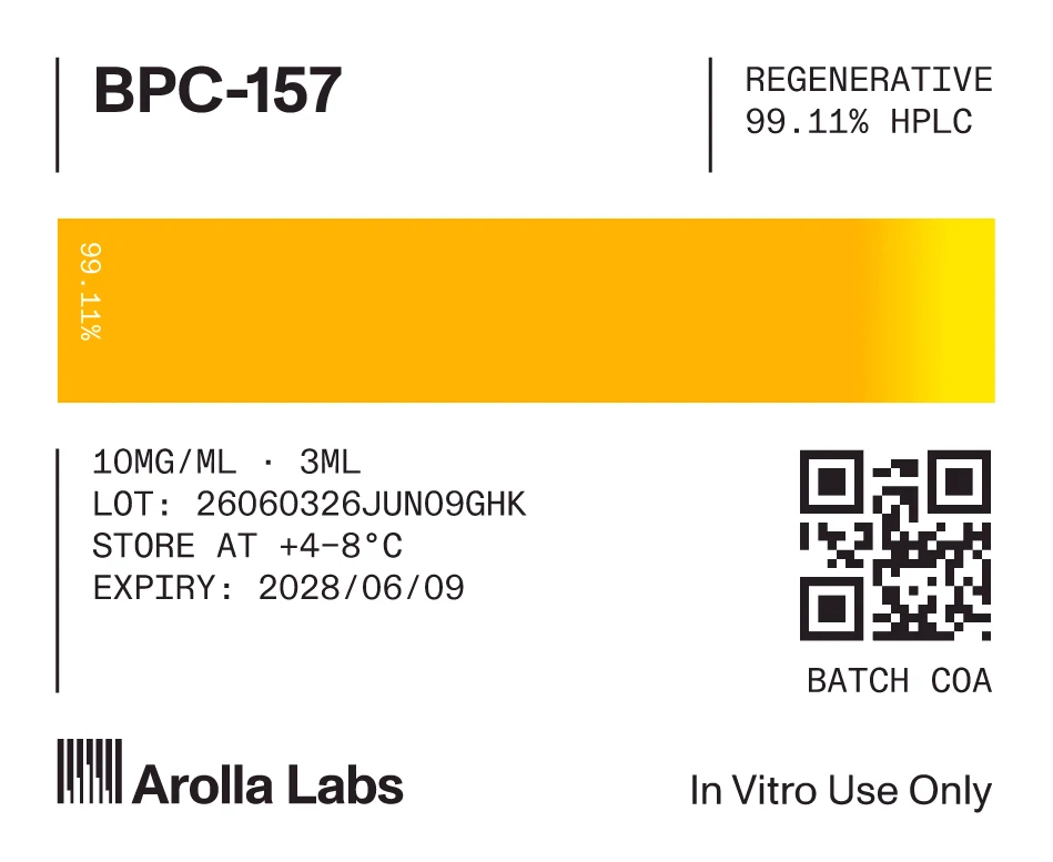 BPC-157 pen label: regenerative, 99.11% HPLC purity, lot number and a QR code for the batch certificate