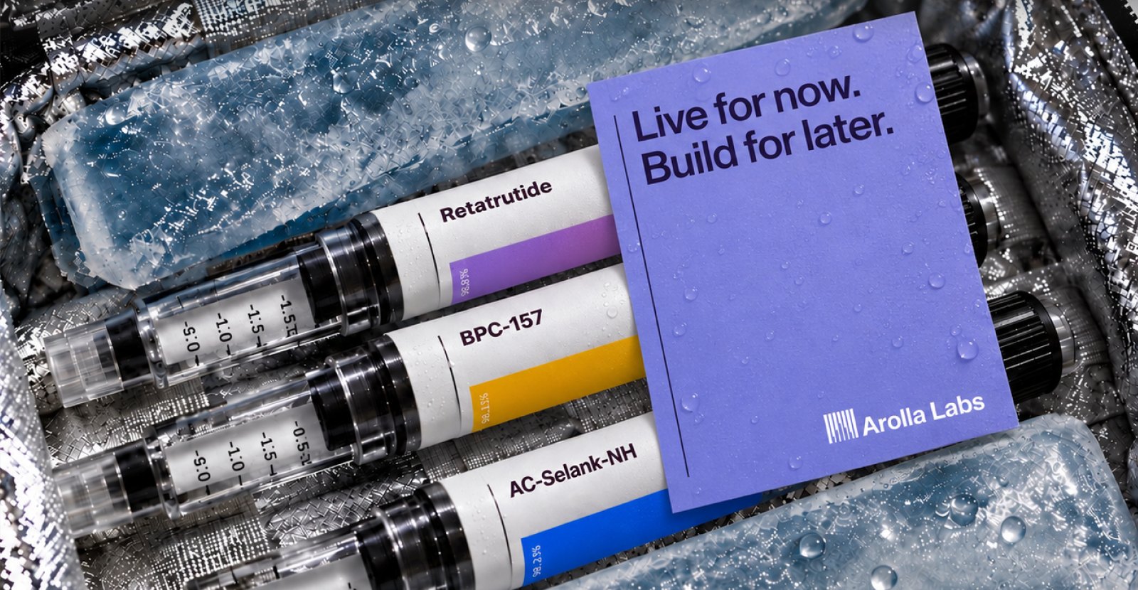 Retatrutide, BPC-157 and AC-Selank-NH2 pens on ice packs with an Arolla Labs card