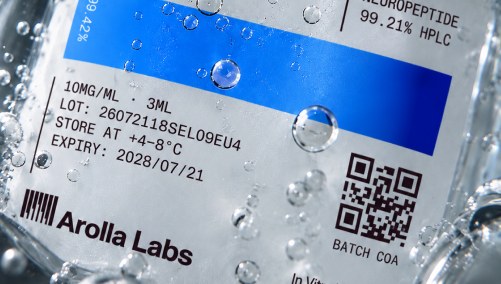 Close-up of an AC-Selank-NH2 label with its lot number and QR code