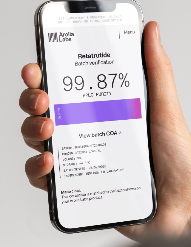 A phone showing the batch verification page for a Retatrutide lot: 99.87% HPLC purity